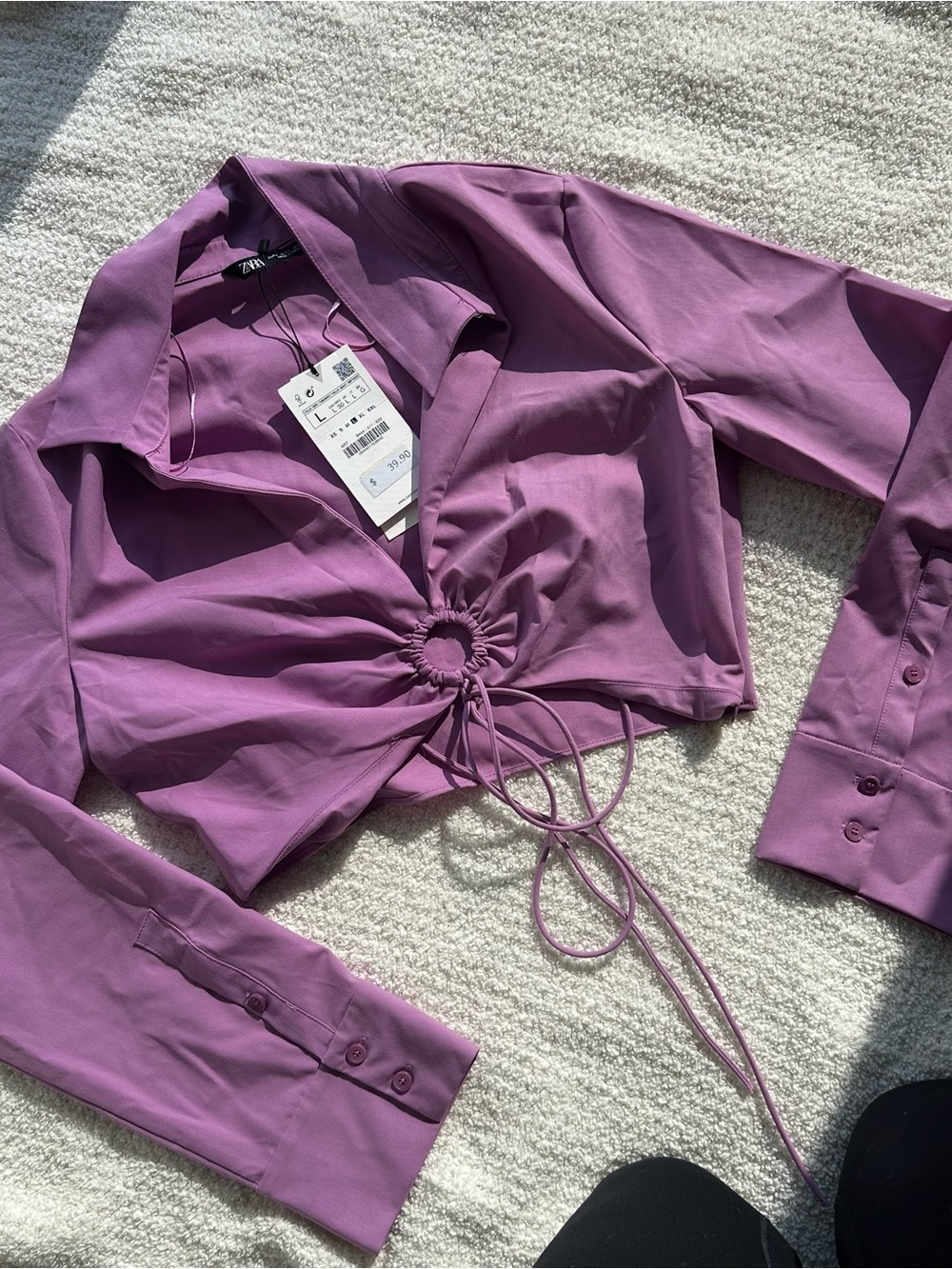 Zara Lilac Drawstring Cropped Button-Down Shirt